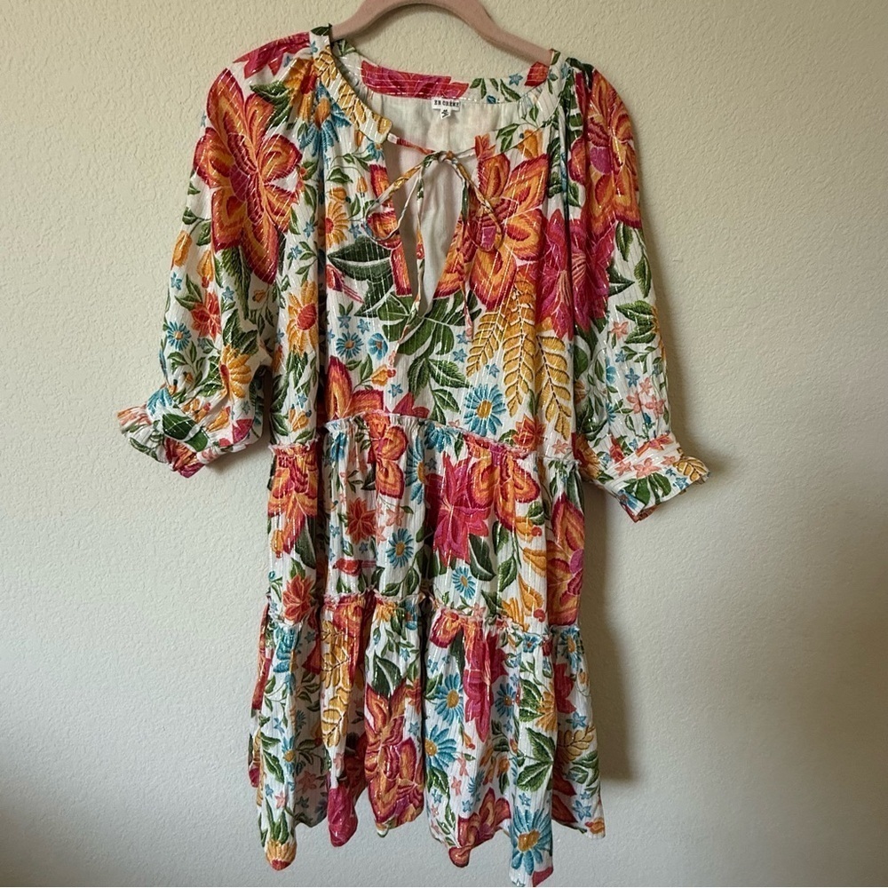 En Crème Floral Printed Puff Sleeve Tiered Mini Dress with Lurex Medium - Picture 4 of 15